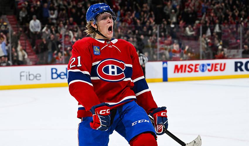 Kaiden Guhle of the Montreal Canadiens celebrates a goal during a home game at the Bell Centre