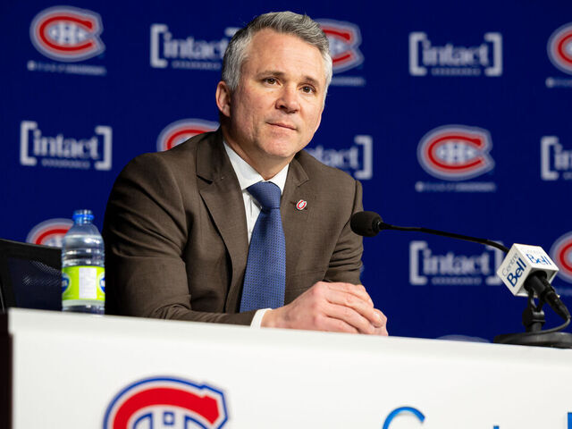 Montreal Canadiens head coach Martin St. Louis speaks at a press conference during the 2024–25 NHL season